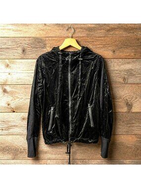 Zyia Active Midnight Gloss Bomber Jacket Sz M Hood Full Zip Pockets Grunge
